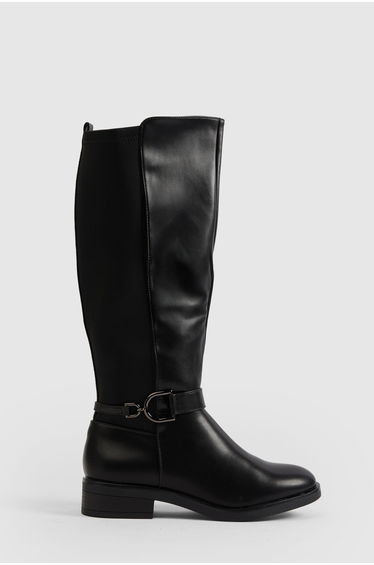 Buckle Detail Knee High Boots - black