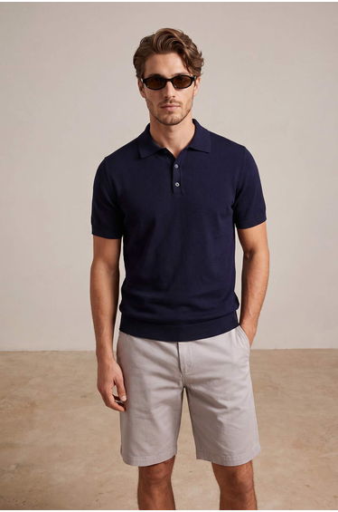 Navy Blue Regular/Normal Cut Special Yarn Premium Basic Knitwear Polo Neck T-Shirt