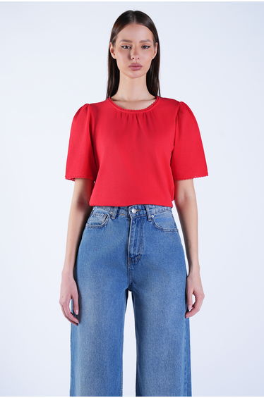 Women's Red Crew Neck Blouse with Lace Detail on Sleeves and Collar