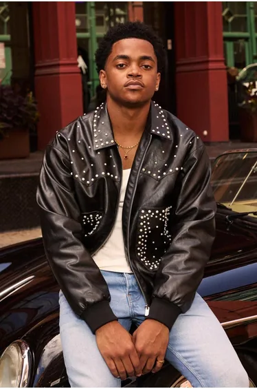 Boxy Fit Embellished PU Western Jacket - black