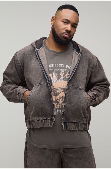 Plus Washed Denim Zip Up Hoodie - mocha