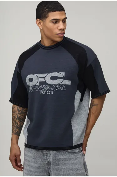 Oversized Moto Jacquard Knitted T-Shirt - black