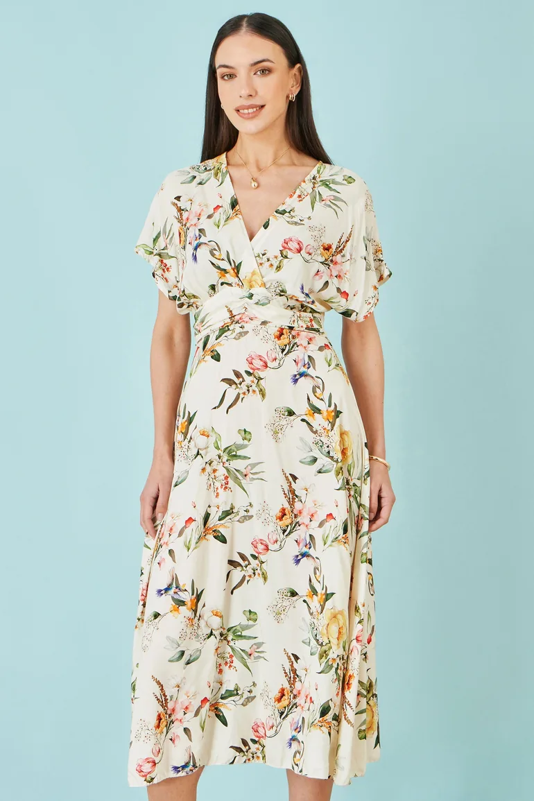 Yumi Ivory Viscose Floral Print Midi Dress With Ruched Waist - 3