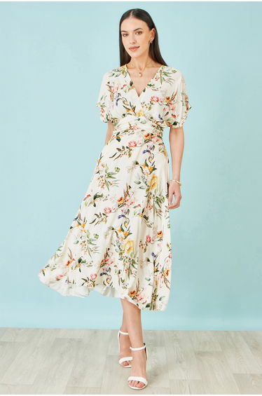 Yumi Ivory Viscose Floral Print Midi Dress With Ruched Waist