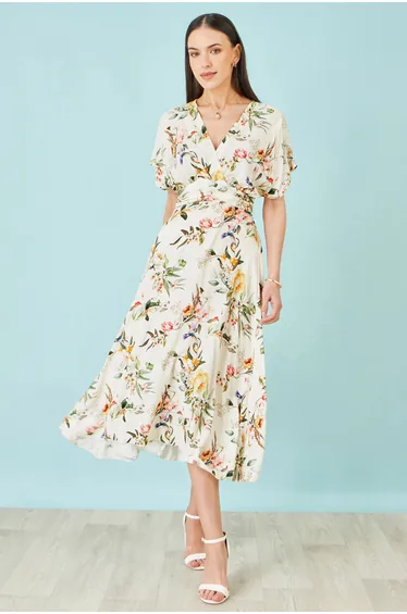 Yumi Ivory Viscose Floral Print Midi Dress With Ruched Waist