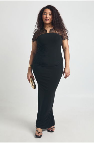 Plus Lace Insert V neck Maxi Dress - black