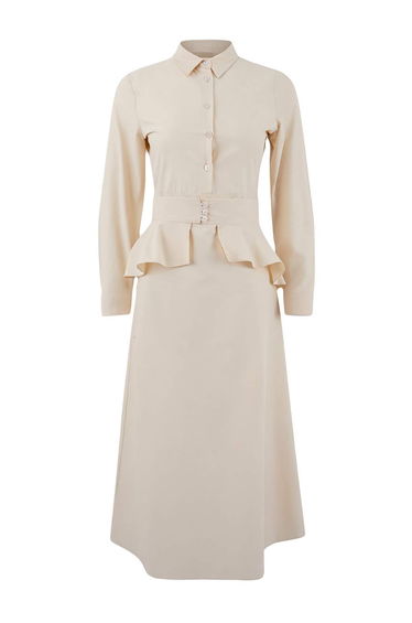 Light Yellow Peplum Belted Cotton Dress