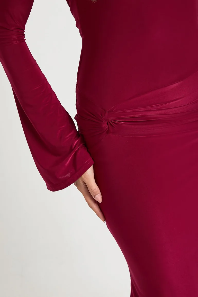Long Sleeve Twist Front Maxi Dress - wine - 3