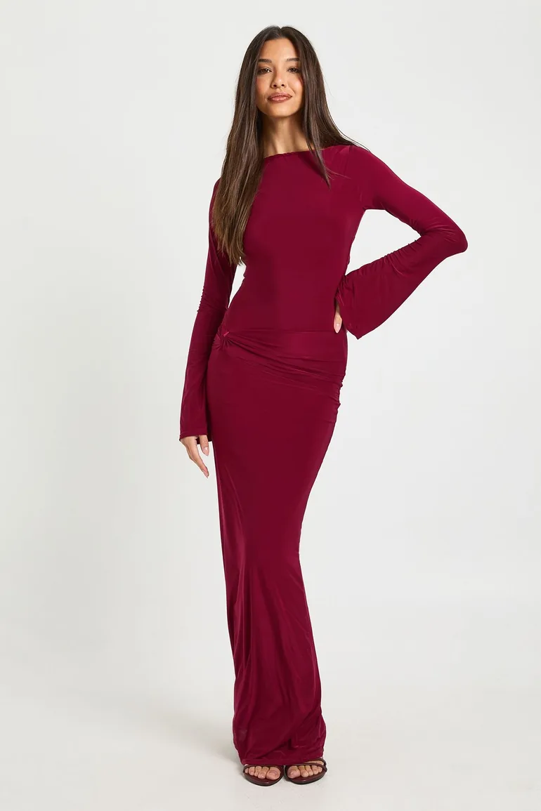 Long Sleeve Twist Front Maxi Dress - wine