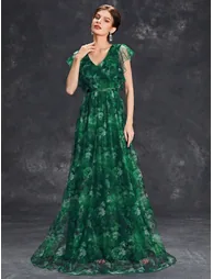 Leely Emerald Green V-Neck Floral Print A-Line Chiffon Evening Gown - 1