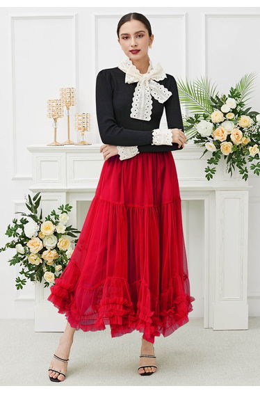 Ruffle Hem Double-Layered Mesh Maxi Skirt in Red
