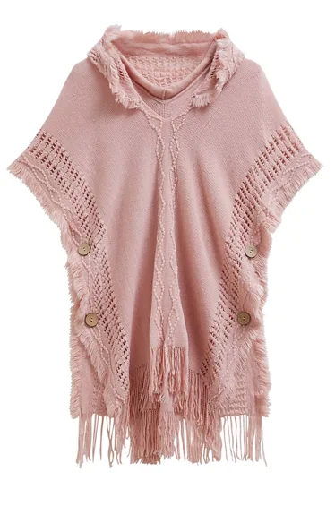 Diamond Button Fringe Hooded Poncho in Pink