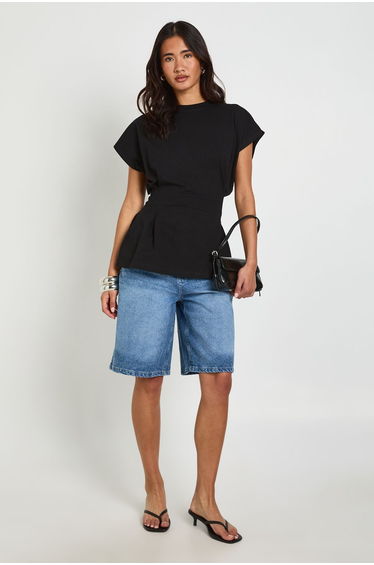 Pleat Waist Peplum T -Shirt - black