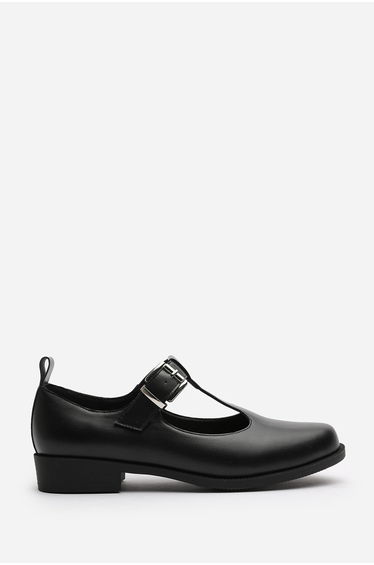 Natalie Mary Jane Loafers With Buckle Strap In Black Faux Leather