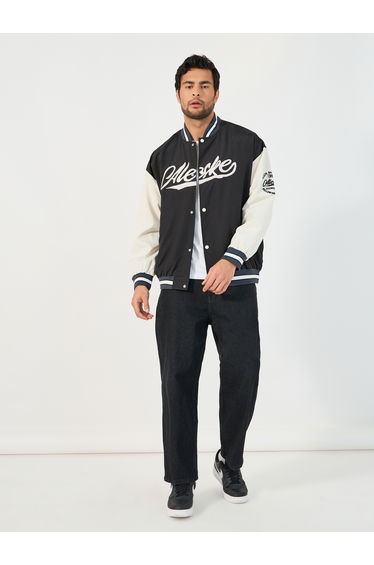 Contrast Sleeve and Rib Detail Bomber Jacket with Button Placket