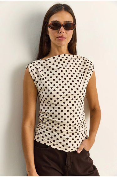 LUCCI Fitted Cowl Neck Polka Dot Blouse