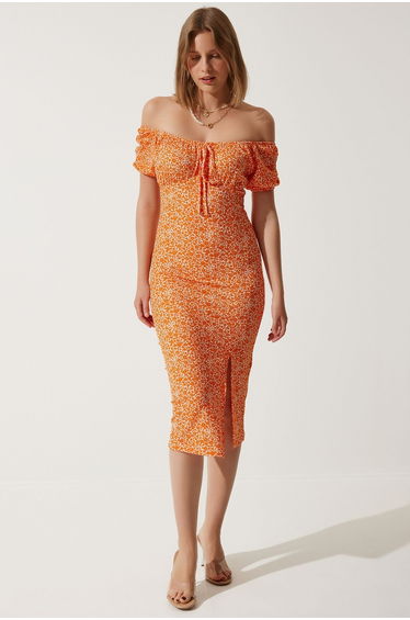 Women's Orange Patterned Gathered Knitted Dress