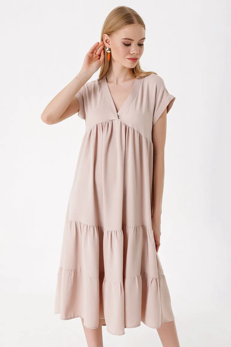 Women's V-Neck Flounce Dress Beige - 3
