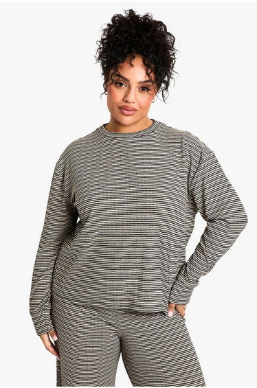 PLUS STRIPE LONG SLEEVE BUTTON DOWN TOP - black