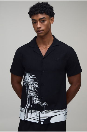 Regular Fit Contrast Palm Print Shirt - black
