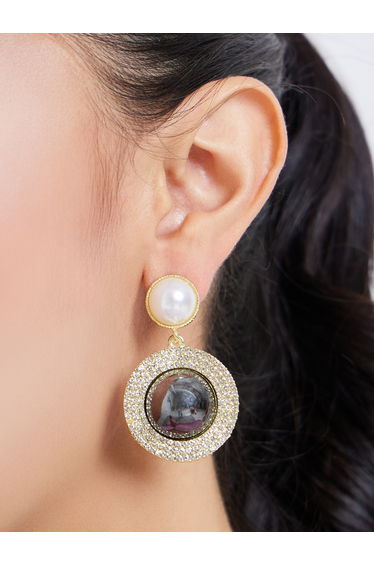 Gold Tone Pearl and Crystal Dangle Earrings