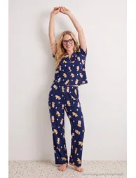Navy Blue 100% Cotton Animal 30/1 Single Jersey Knitted Pajama Set