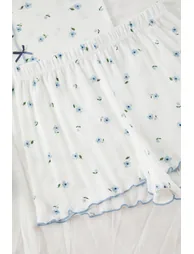 طقم بيجاما قطن بفيونكة بطبعة أزهار لون أبيض  - 5