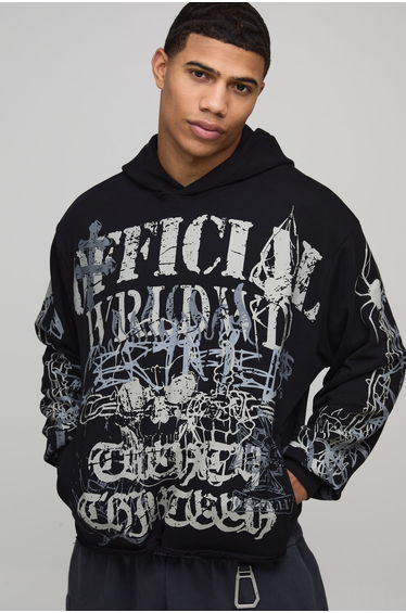 Oversized Boxy Hemless Loopback Graphic Hoodie - black