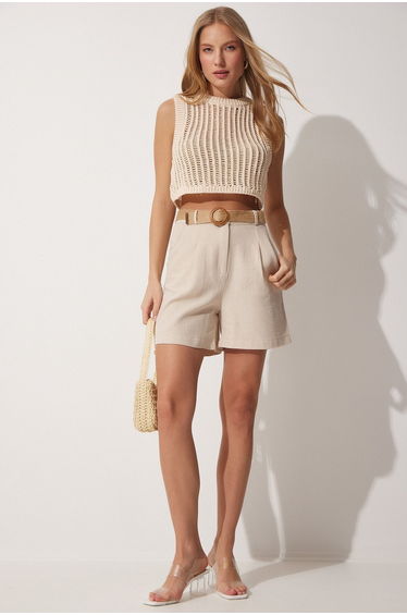 Linen Bermuda Shorts With Straw Belt