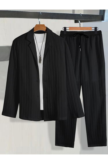 Men Black Textured Blazer and Trousers Co-Ords