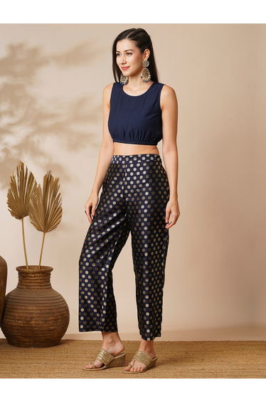 Women Lace Patch Poncho Top and Foil Print Pants Fusion Co-Ords