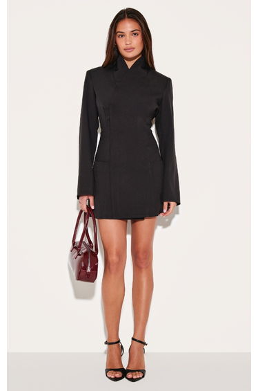 Black Woven Collarless Blazer Dress
