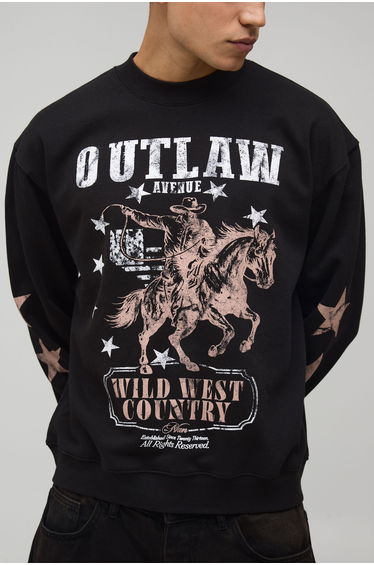 Black Oversized Boxy Wild West Print Extended Neck Sweatshirt - black