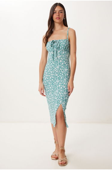 Women's Water Green Floral Slit Summer Knitted Dress