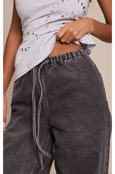 Petite Grey Wash Elasticated Tie Waist Wide Leg Jeans product thumbnail 4