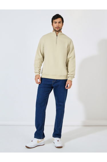 Relaxed Fit Quarter Zip Fleece Sweatshirt with Front Seam Detail