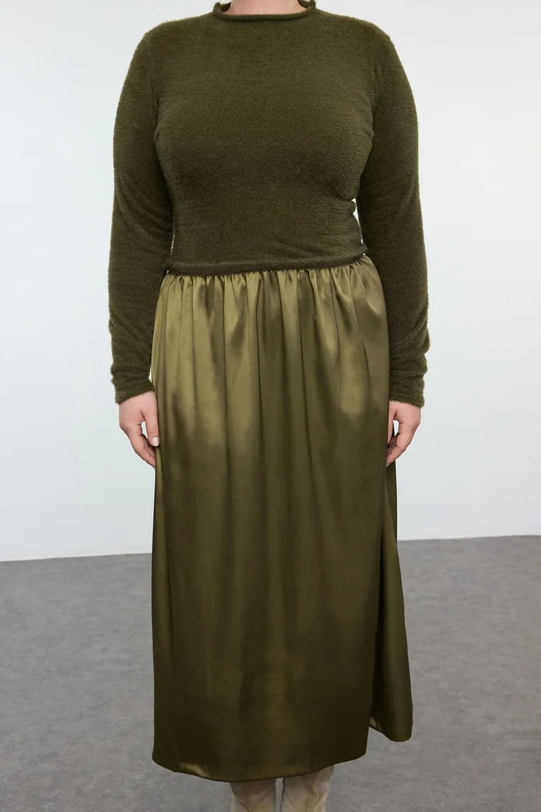 Khaki Midi Length Satin Woven Mix Knitwear Dress - 4