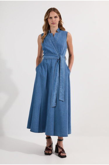 Denim Tailored Notch Neck Belted Fluid Midi Dress