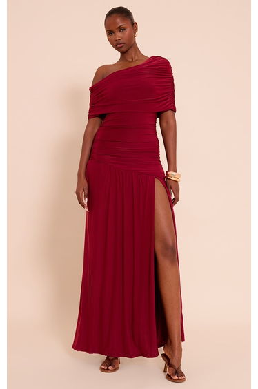 Burgundy Double Layer Slinky Bardot One Shoulder Ruched Maxi Dress