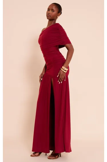 Burgundy Double Layer Slinky Bardot One Shoulder Ruched Maxi Dress