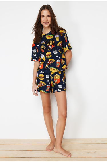 Navy Blue-Multicolor Printed Knitted Tshirt-Shorts Pajama Set