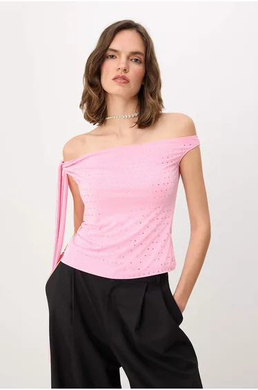 Pink Asymmetric Neckline Sleeveless Sandy Party Blouse