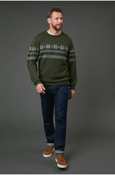 Khaki Patterned Crew Neck Knitted Jumper