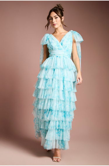 Printed Ruffle Mesh Maxi Dress