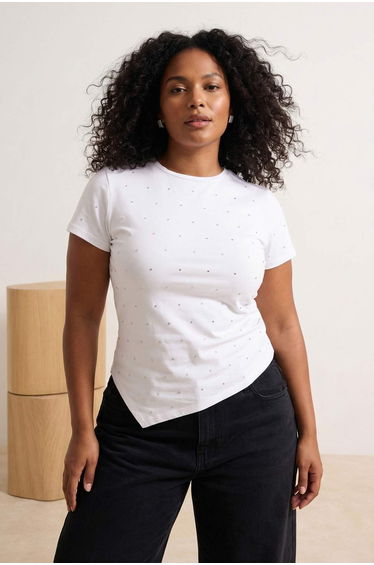 White White Stone Asymmetric Fitted/Bodycon Knitted T-Shirt