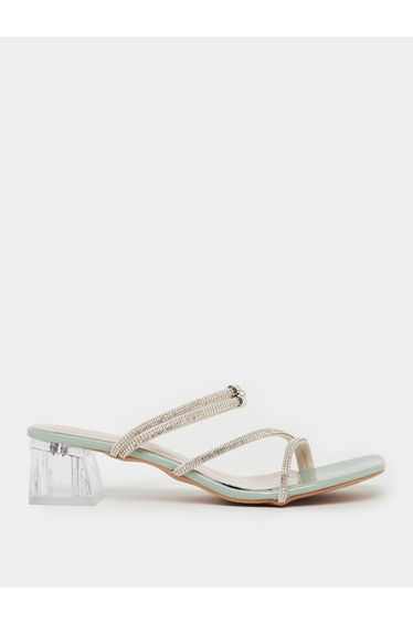 Green Rhinestone Strap Block Heel Sandals