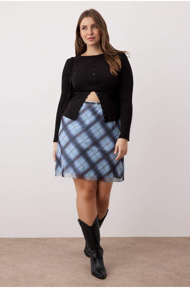 Blue Teen Plaid Patterned Knitted Plus Size Skirt