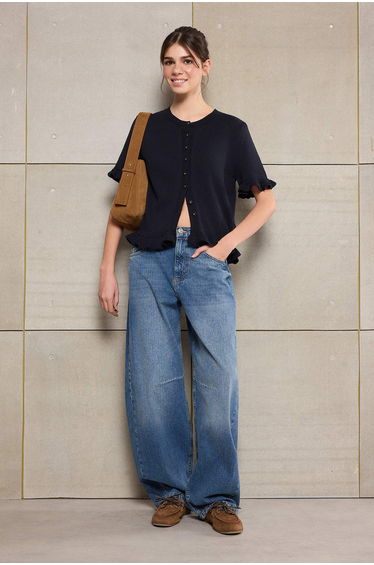 Navy Blue Floral Button Detailed Crew Neck Knitwear Blouse