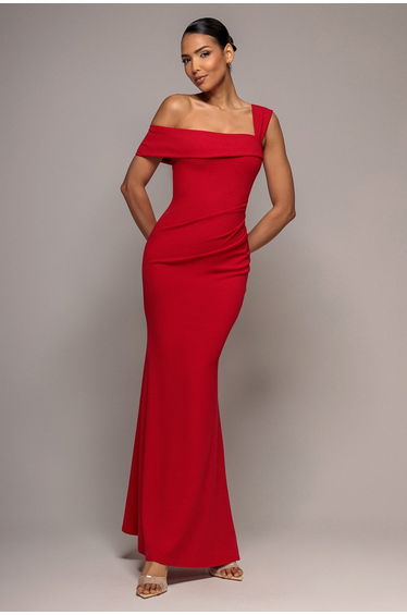 Goddiva Off The Shoulder Pleated Waist Maxi Dress - Red