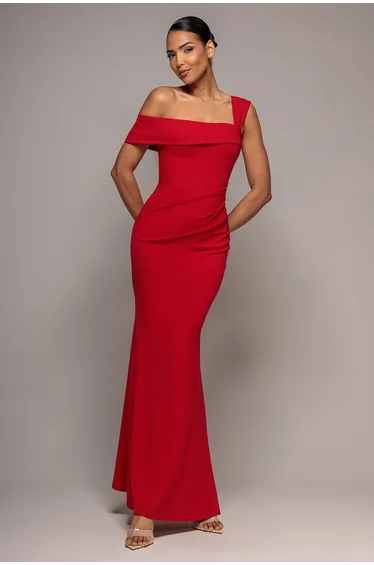 Goddiva Off The Shoulder Pleated Waist Maxi Dress - Red
